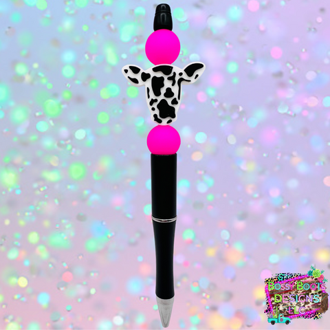 Black & Pink Cow Refillable Beaded Pen