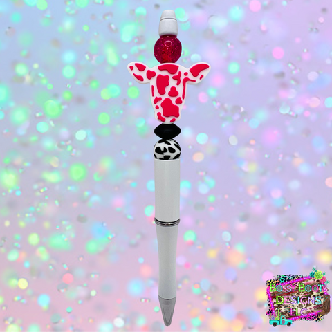 Hot Pink Cow Refillable Beaded Pen