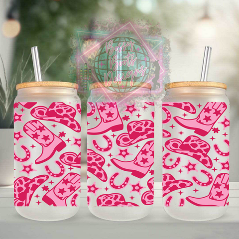 Pink Cowgirl 16oz Glass Can