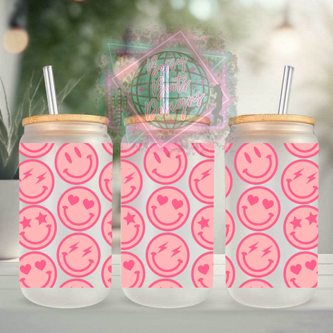 Pink Smileys 16oz Glass Can