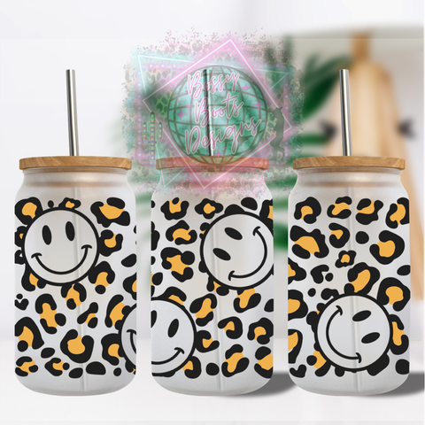 Leopard Smileys 16oz Glass Can