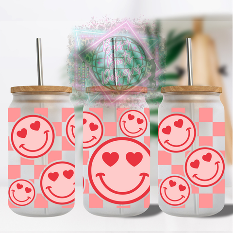 Pink Checkered Smiley 16oz Glass Can