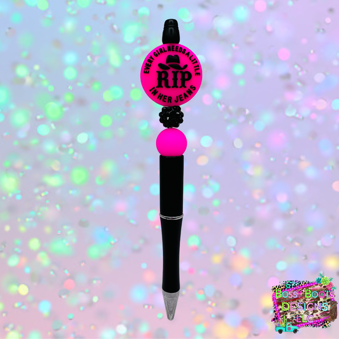 (Pink) Every Girl Needs A Little Rip In Her Jeans Refillable Beaded Pen