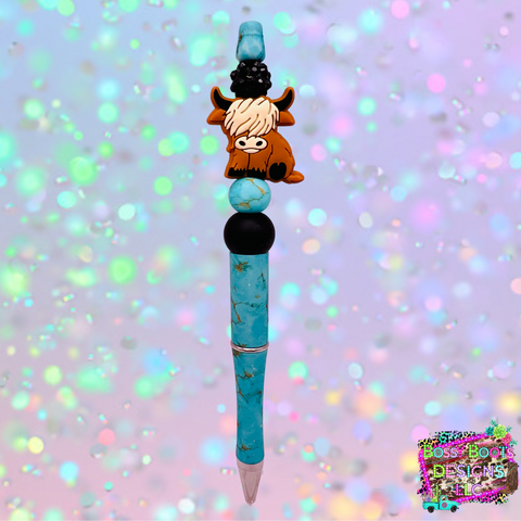 Turquoise Highland Cow Refillable Beaded Pen