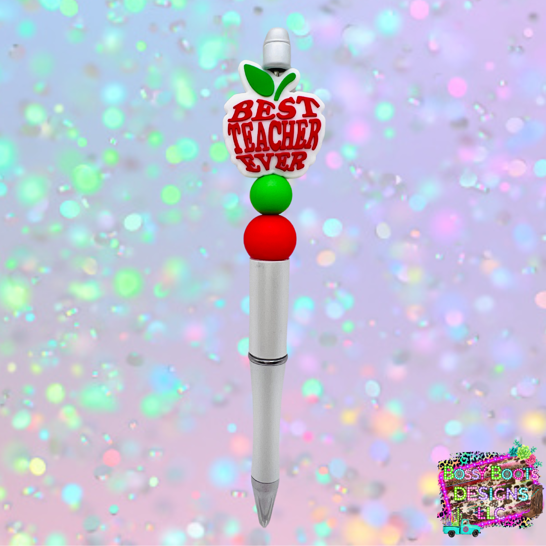 Best Teacher Ever White Apple Refillable Beaded Pen