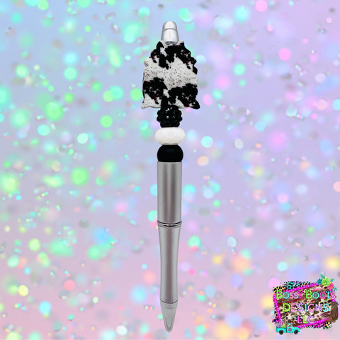 Black & White Cowhide Refillable Beaded Pen