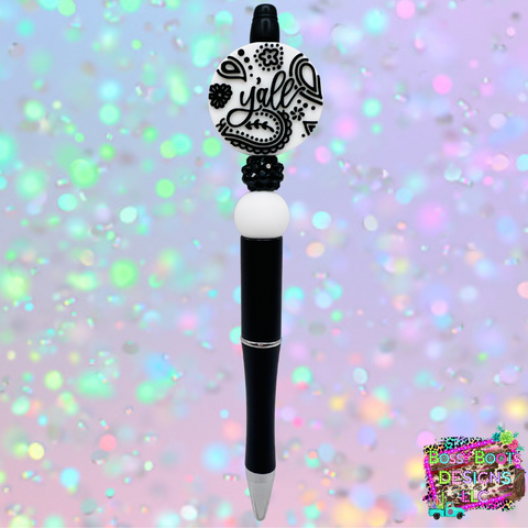 Black and white Y'all Refillable Beaded Pen